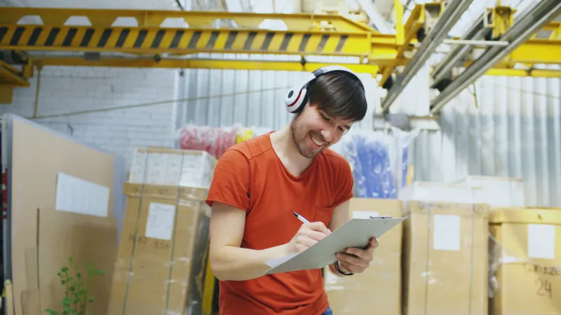 A warehouse worker writing on a clipboard beside stacked boxes.